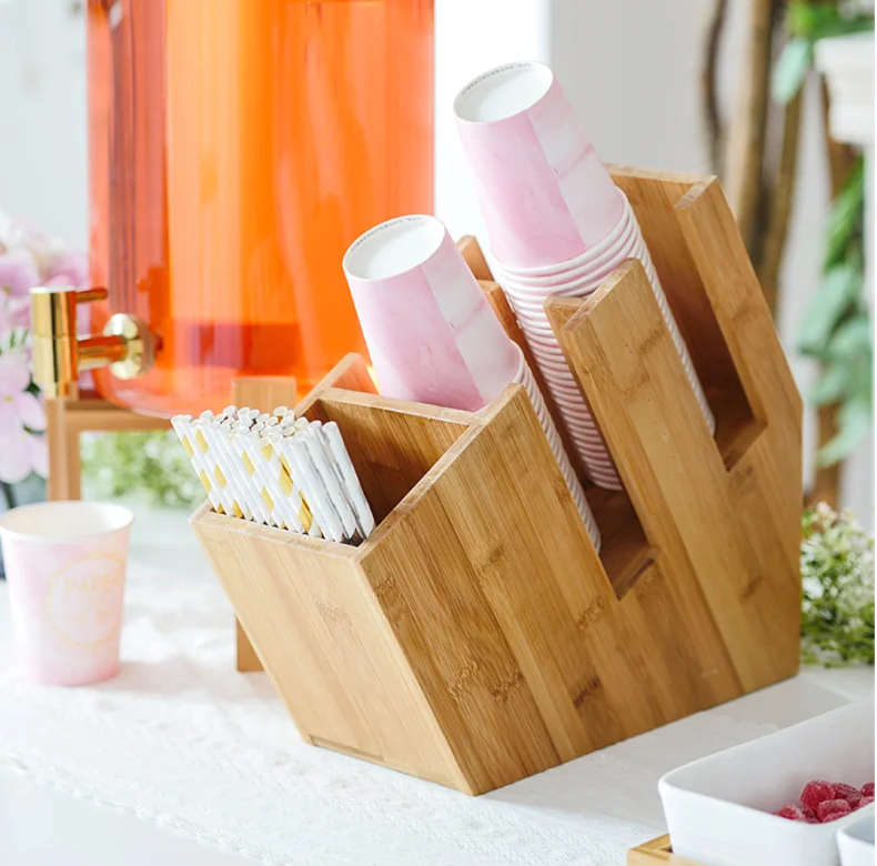 Coffee Milk Tea Shop Supplies Bamboo Disposable Paper Cup Drinking Straw Holder Dispenser Stand Display Rack