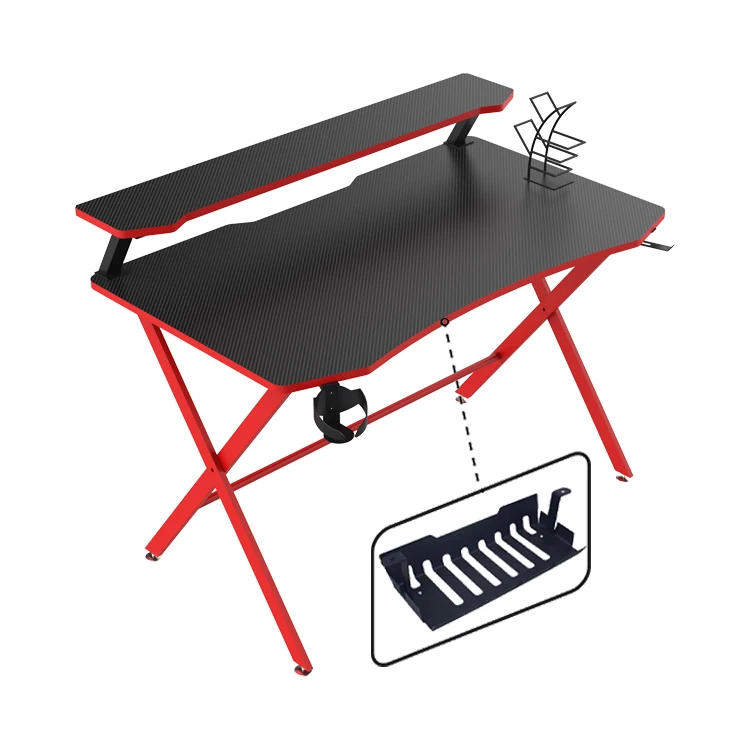 Double Layer Ergonomic Metal Computer Gaming Table Large Desktop PC Gamer Desk with Cup Holder Red E-sports Desk for Office Use