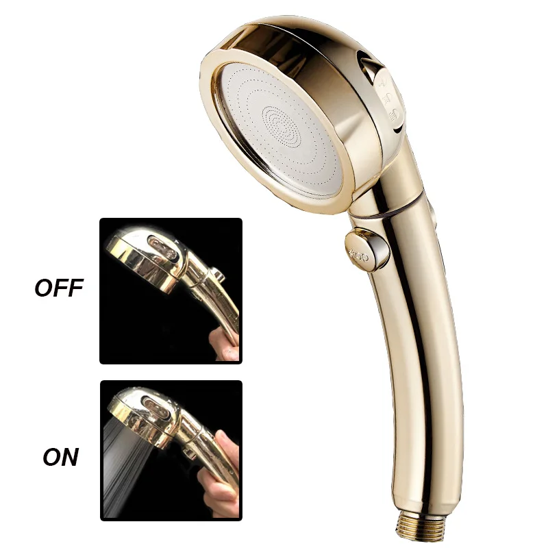 Luxury Golden Three Functions Water Saving Massage Handheld High Pressure Shower Head with Water Stop Button
