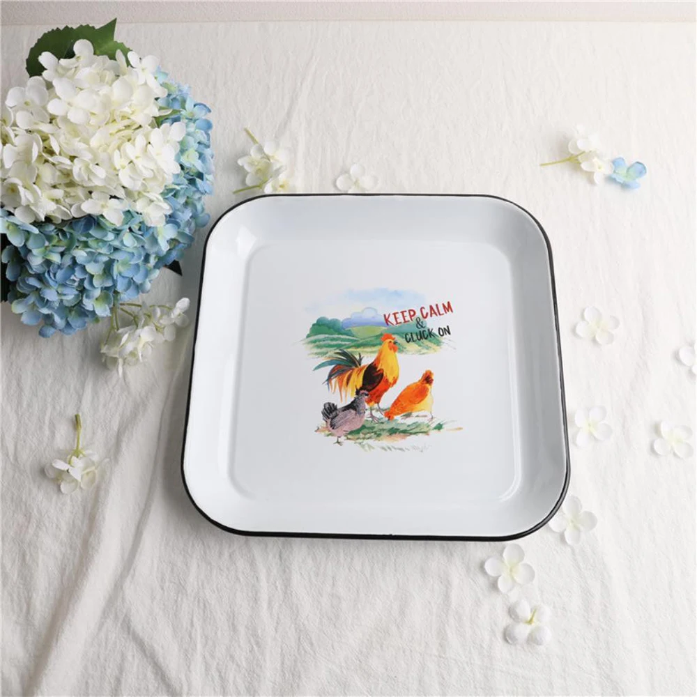 Non toxic food grade factory wholesale customized nordic marble metal steel enamel baking firing enamelware tray