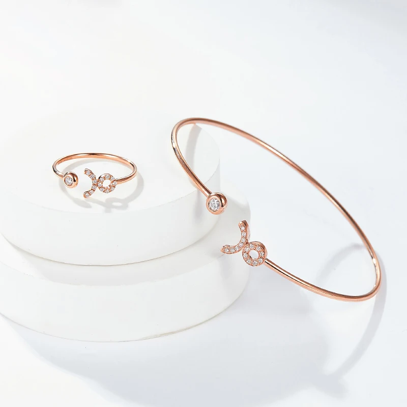 Taurus Sign Series 18K Rose Gold DEF VVS Lab Grown Diamond Rings and Bracelets Jewelry Set For Women