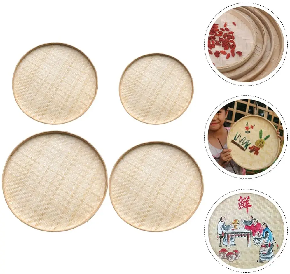 4pcs Woven Bamboo Tray Basket Round Flat Shallow Basket Wall Art Ornament for DIY Drying Food Fruit Basket Kitchen Wall Hanging