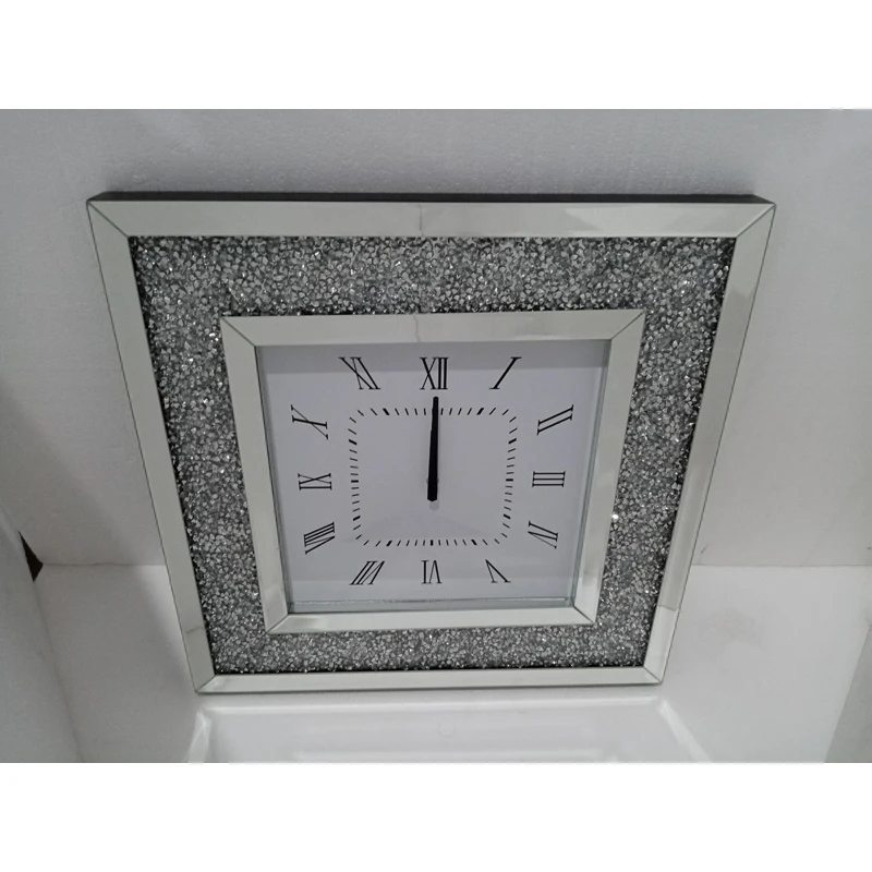 YGSZ0009 High quality customized glass wall clock with wholesale price glass crushed crystal  mirrored wall clock