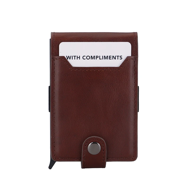 Full Grain Leather Fashion Aluminum Wallet Pop up Wallet Minimalist Credit Card Holder with Gift Box