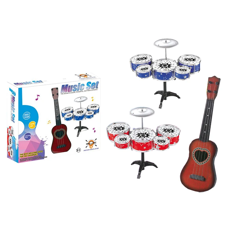 Kids percussion instrument toy plastic simulation electroplate jazz drum set with guitar