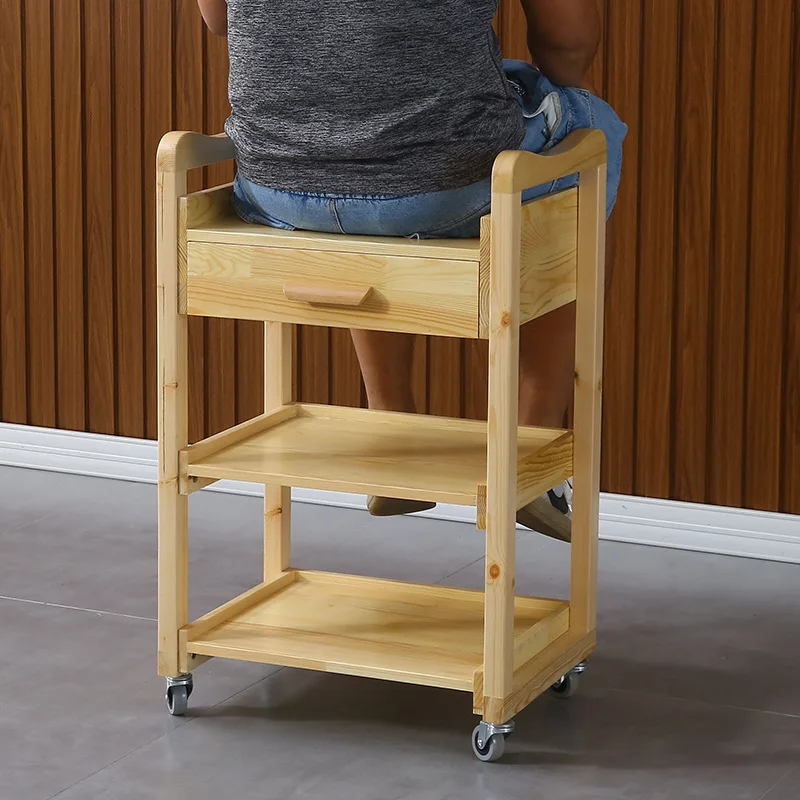 Solid Beauty Multifunctional Salon Three Layer Rack Tool Car Hairdressing Bamboo Wooden Kitchen Trolley With