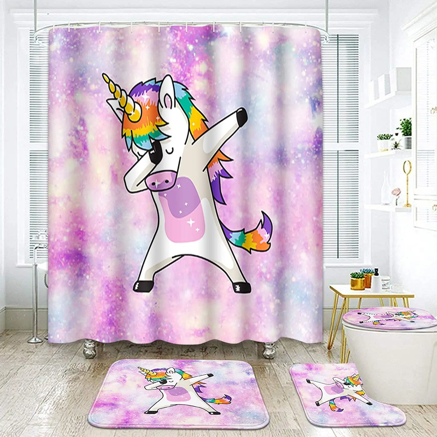 Funny Unicorn Dance Kid Horse Animal Child Non-Slip Bath Rugs And Shower Curtains Set 4 Pcs European