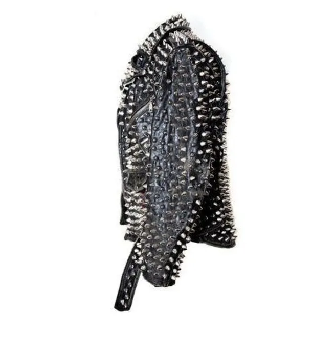 Men Studded Custom Patches Long Spike Brando Belted Rocker Jacket