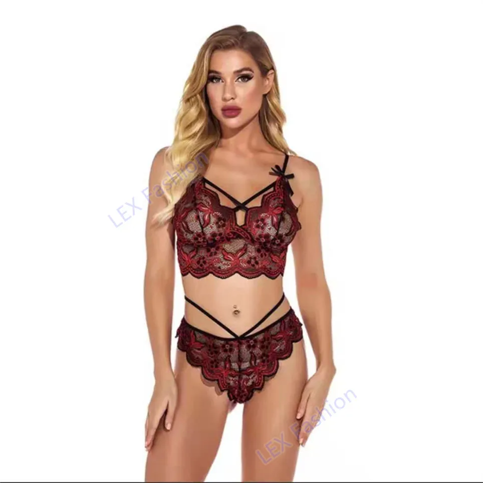 2022 Women Luxury Lingerie Lace Embroidery Sexy Lingerie Transparent Bra and Panty 2 Piece Set for Sex Sexy Mature Women