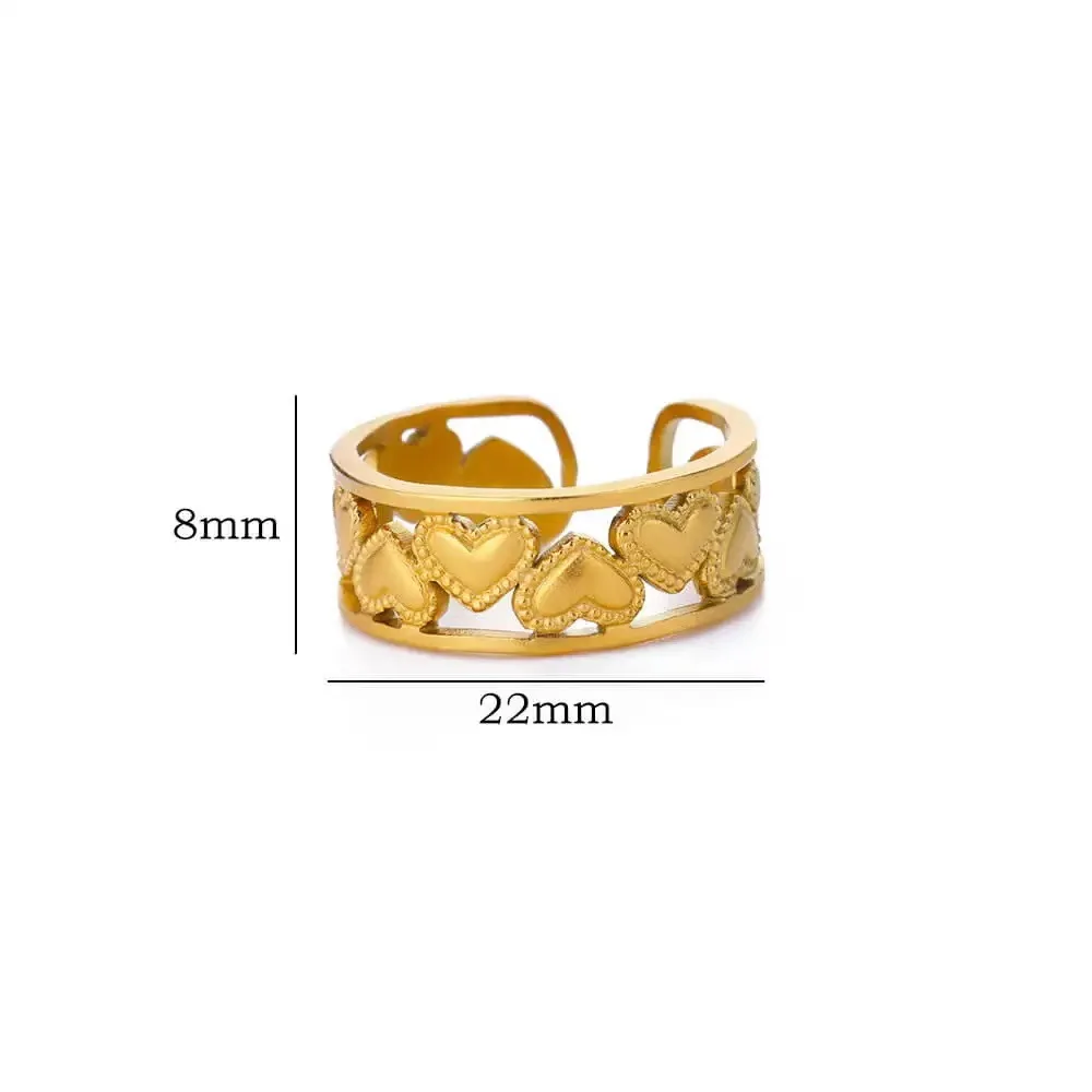 Wholesale 18k Gold Plated Stainless Steel Superposition Heart Shape Love Heart Adjustable Open Ring Jewelry