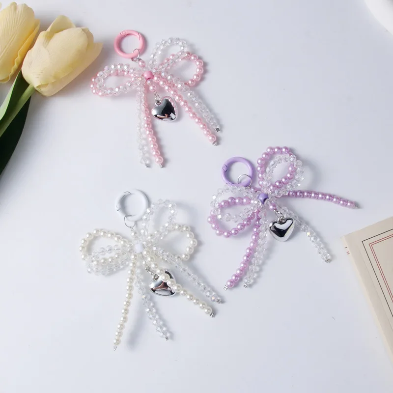 Pearl Bow Keychain Heart Key chain Cute Keyring Y2k Bowknot Key Holder Lady Bag car key Pendant Accessories Heart Sweet Keychain