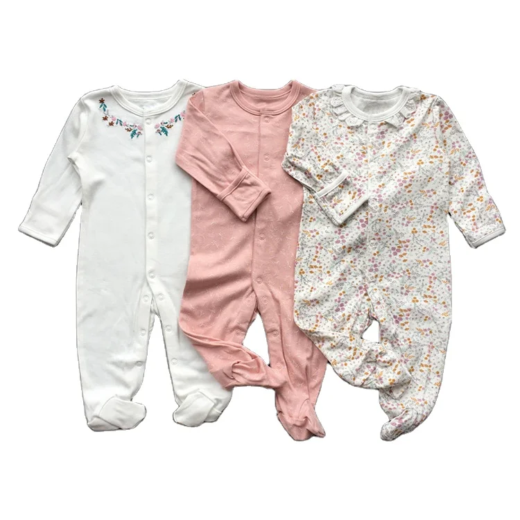 Cartoon printed plain unisex baby romper jumpsuit footie pajamas cotton baby sleepsuit with feet and mitten