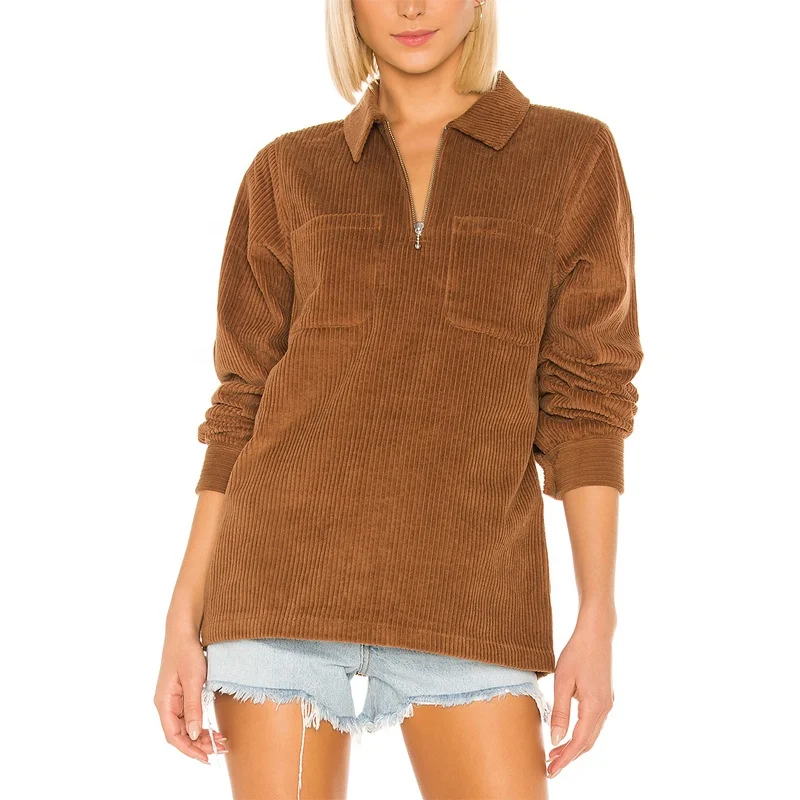 100% cotton women fashionable brown pullover jacket 1/4 front zipper casual loose fit corduroy shirt