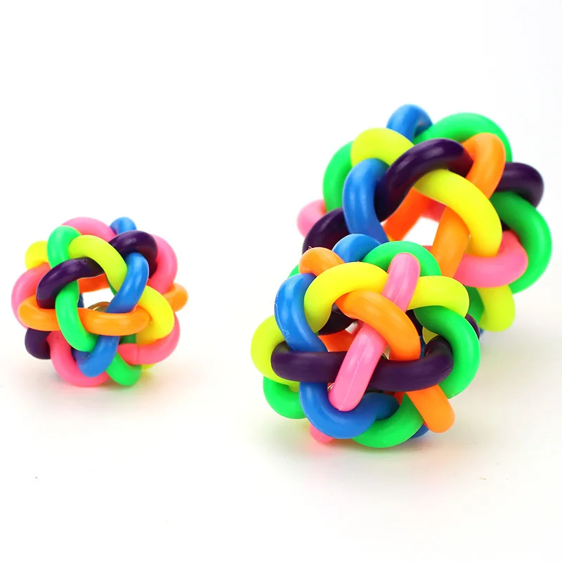 Colorful Rubber Dog Toys Pet Cat Toy Round Woven Ball with Small Bell for Kitten Interactive