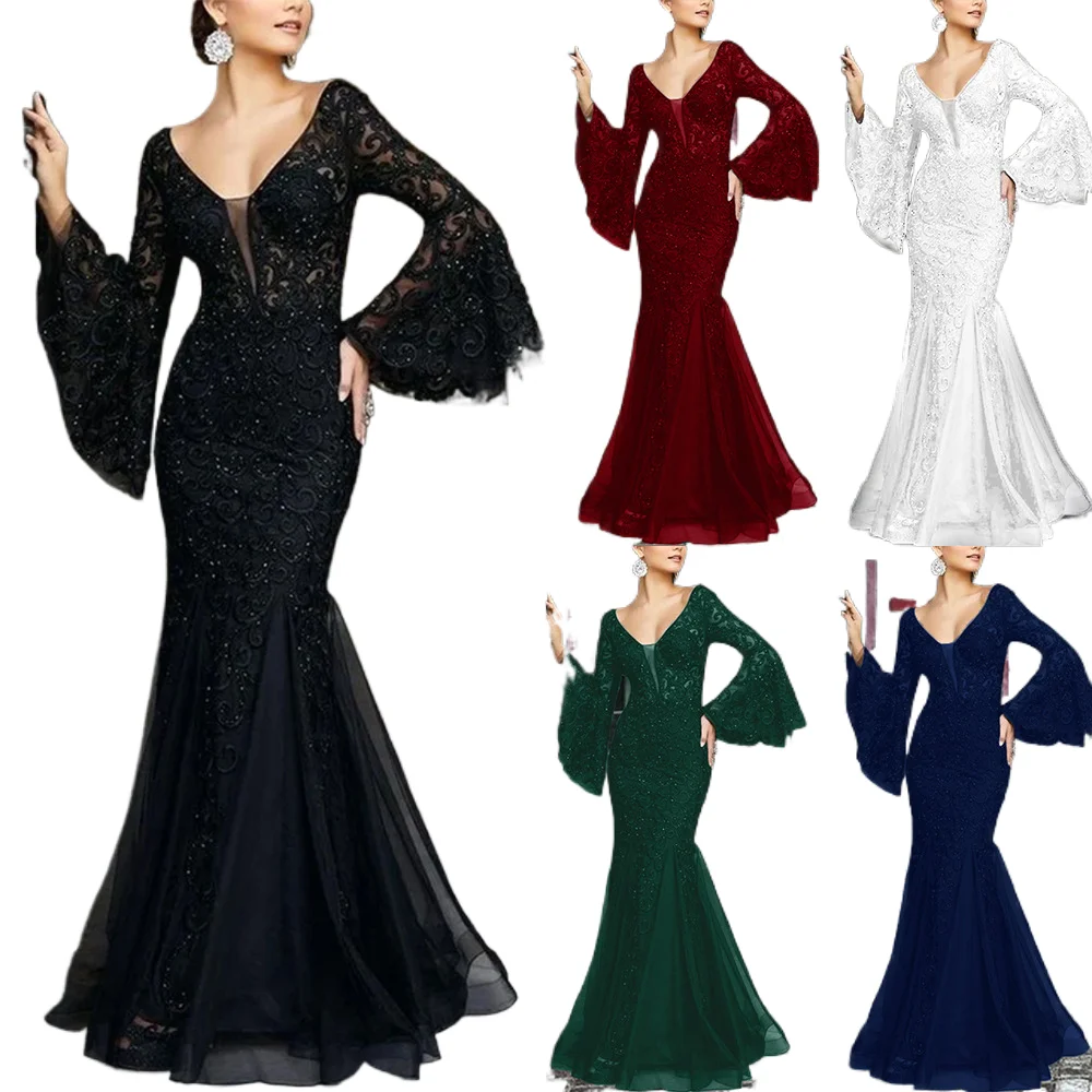 2024 summer new elegant sexy slim-fit fishtail long banquet dress female black anchor lace evening