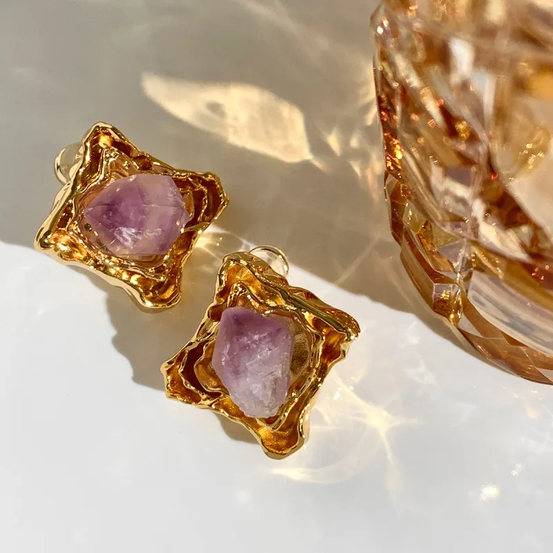 Aimgal  Fine jewelry Brass 18k gold plated designer Natural amethyst Ice Cube earrings S925 silver pin