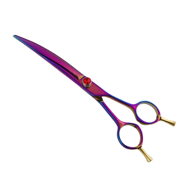 JA05PC 8 inch pink purple rainbow painting color bent curved blade pet grooming scissors shears dogs salon jewels pearls screw