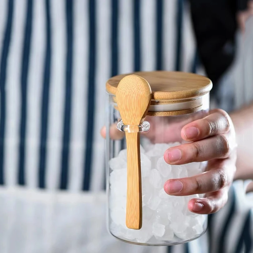 Japanese simplicity airtight storage box glass spice jar with wooden lid and spoons
