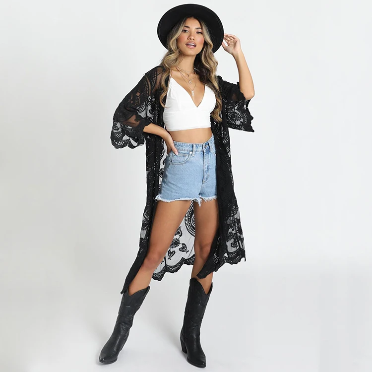 Lace Wholesale Swimsuit Cover Ups Blouse Women Tops Long Open Abaya Kimono
