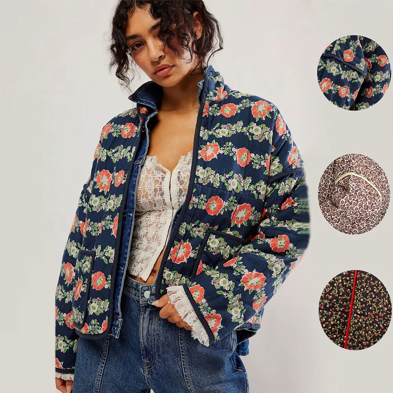 Womens luxury Contrast Floral Quilted Reversible Jacket Lightweight Paisley Print Quilted Jacket Retro Floral Quilted Jacket