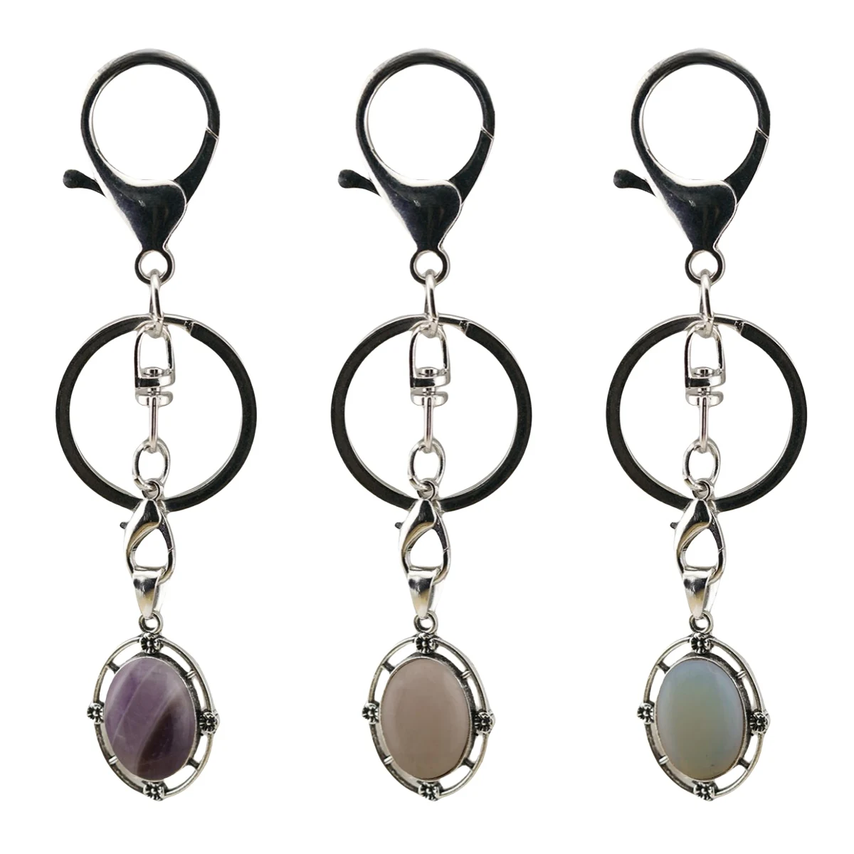 Hot Selling Luxury Natural Smooth Oval Cabochon Gemstone Pendant Keychain Metal Flowers Charm Keychains
