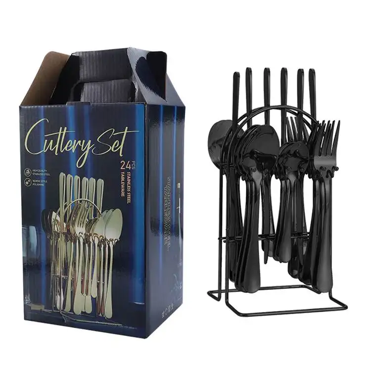 Wholesale Steak Knife Fork Spoon Dinnerware Tableware 24 Pcs With Holder Western Flatware Stainless Steel Cutlery Set