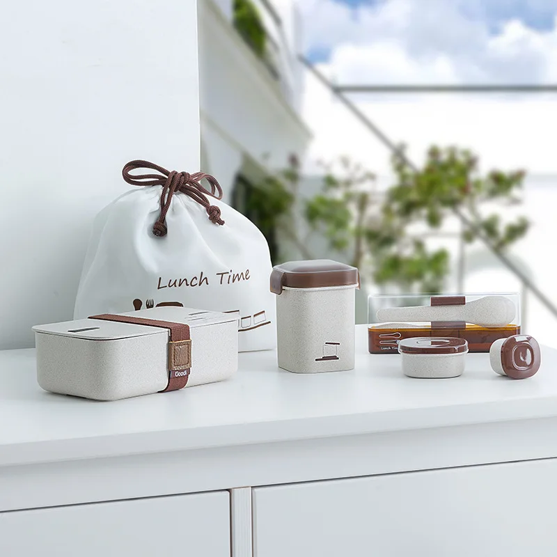 Healthy Rice Fiber Wheat Straw Bento Lunch Box Microwaveable Grids Student Lunch Container Personalized Gift Suit