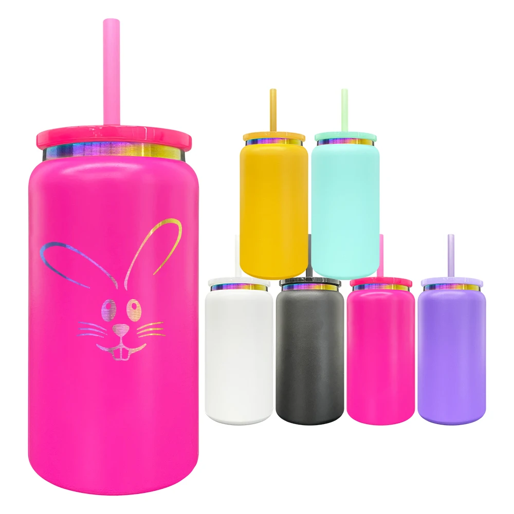 USA Warehouse Rainbow Plated Powder Coated Stainless Steel Double Walled 16oz Soda Beer Can Tumbler Cups for Laser Engrave