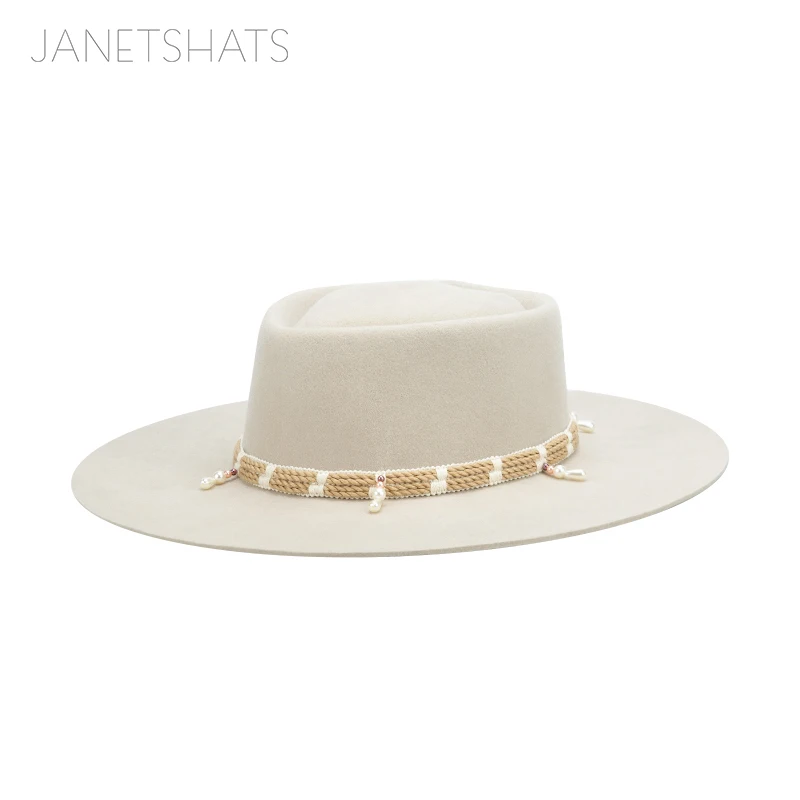 Custom Vintage Design 100Australia Wool Felt Satin Lined Heart Prok Pie Fashionable Beige Wide Brim Fedora Hat With Rope Band