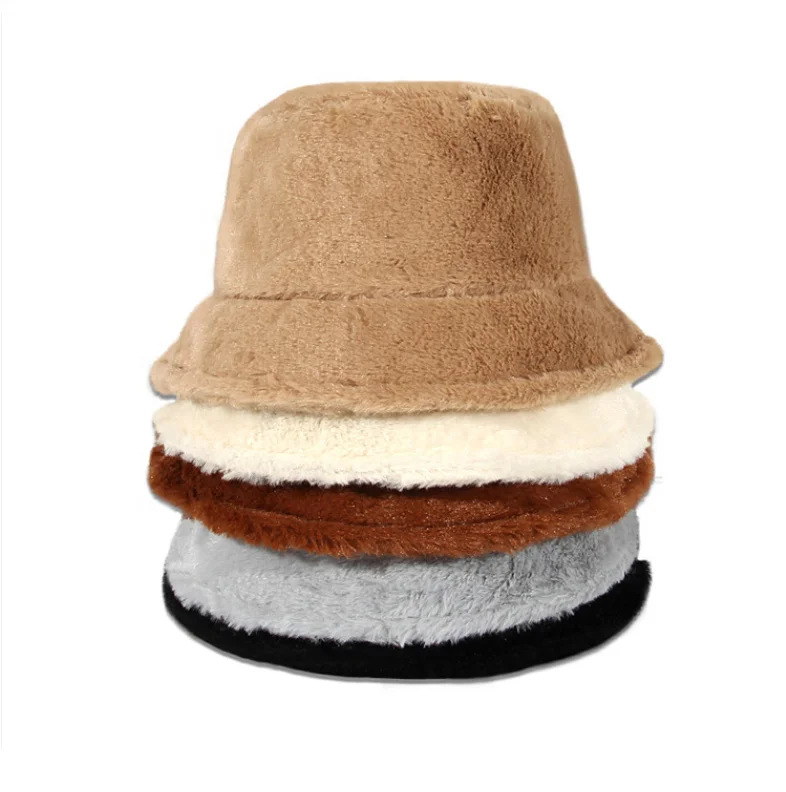 Custom Warm Soft Solid Thickened Fishing Panama Cap For Outdoor Vacation Hat Panama Cap Faux Rabbit Fur Winter Warm Bucket Hat