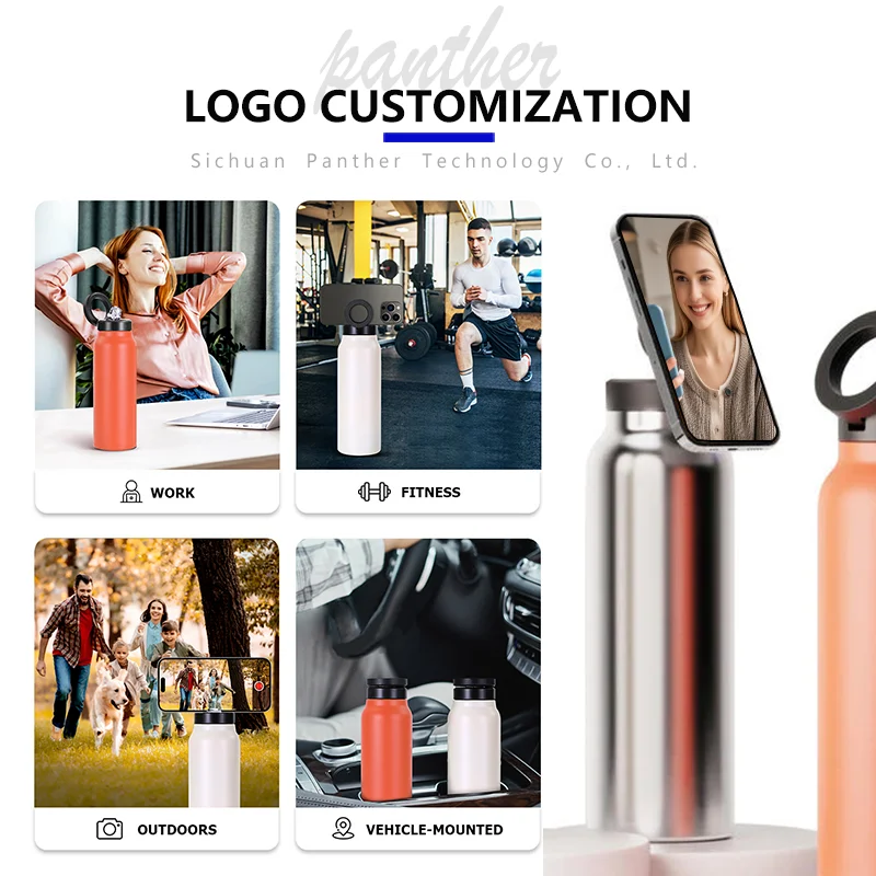 New Trend Product Insulated Magnetic Thermo Stainless Steel Magnet Drinking Water Bottle Bpa Free Cups With Phone Holder Lids