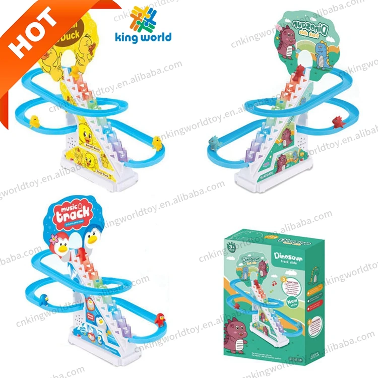 Battery Operated Plastic Auto Slide Track Slot Toy Railway Game Small Penguin Dinosaur Duck Climbing Stair with Music and Light
