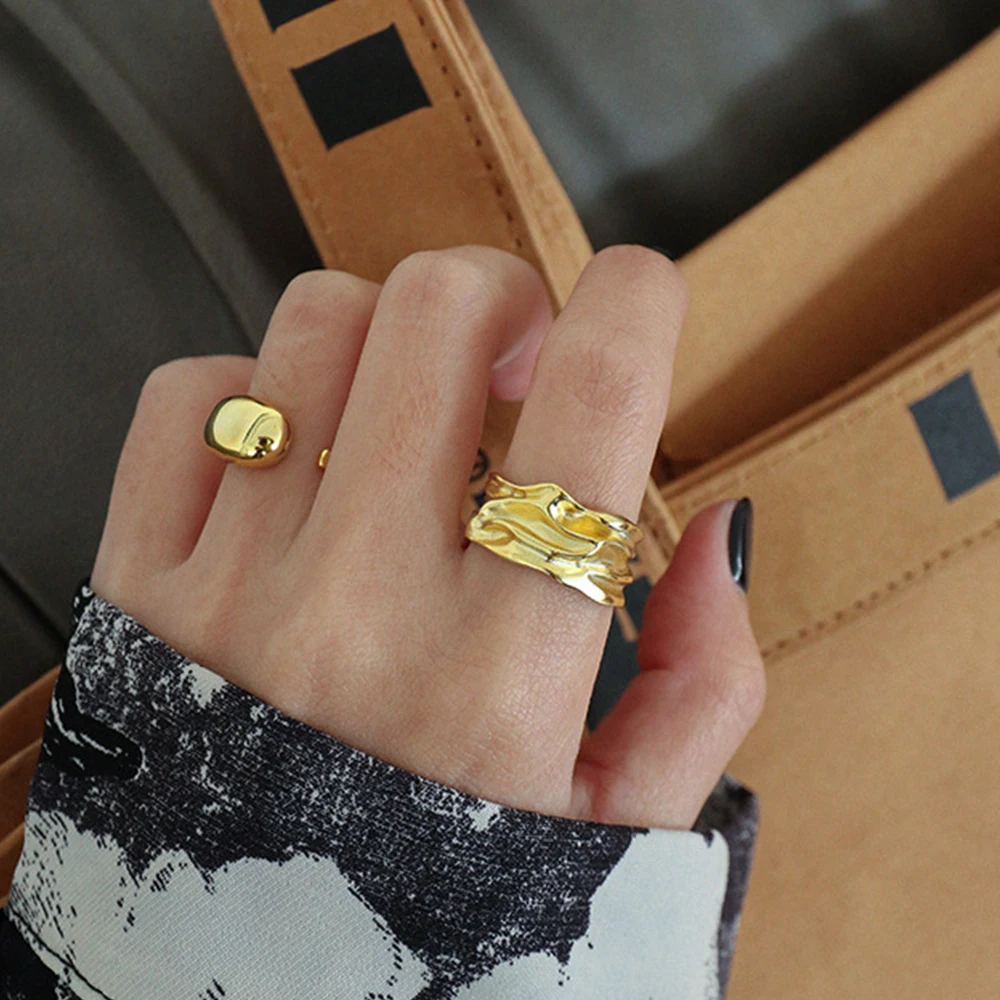 Women 18k Gold Plated 925 Sterling Silver Chunky Rings Irregular Pleated Texture Open Adjustable Ring Jewelry Ready To Ship