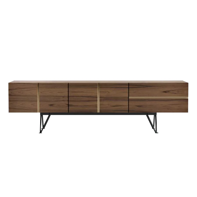 Modern Luxury Media Console Wooden Walnut Veneer Black Tripod Metal Legs Tv Stand Furniture Cabinet