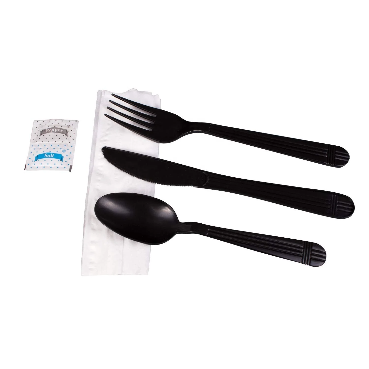 Kitchen Dine Black Heavy Weight Wrapped Disposable Cutlery Pack with Napkin and Salt/Pepper Packets Heavy Duty Cutlery Set