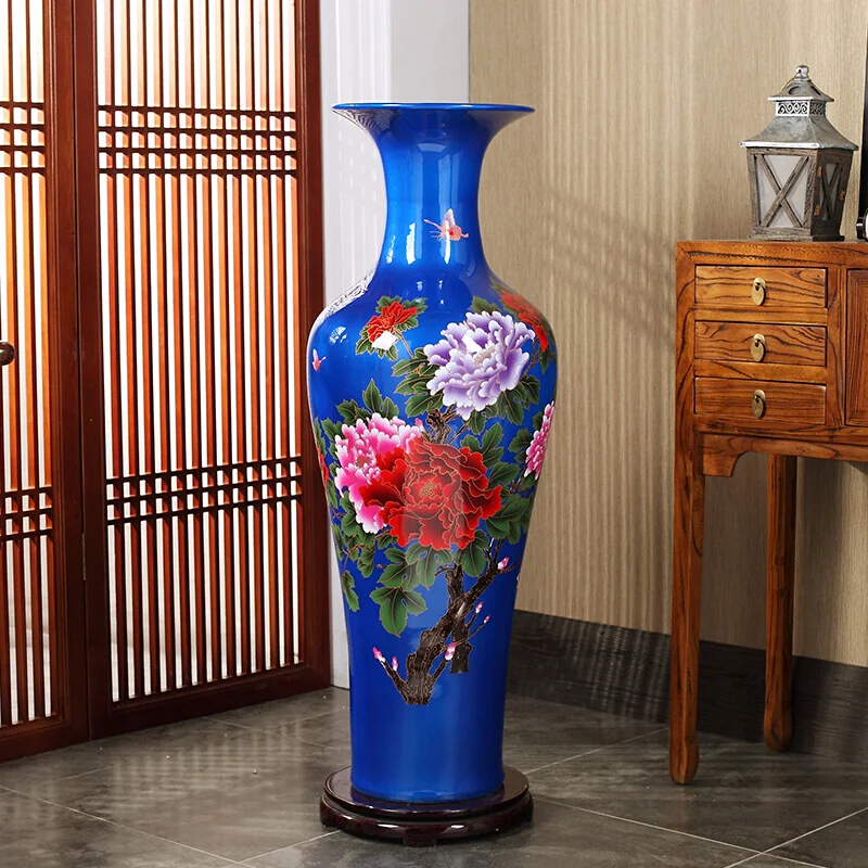 Round shape blue glazed golden peony Flower Pattern large ceramic porcelain floor vase
