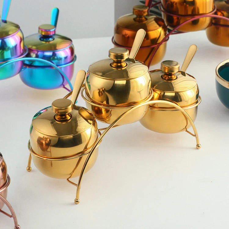 Kitchen Accessories Stainless Steel Gold Pepper Sugar Salt Container Seasoning Box Spice Jar Set With Rack Spoon