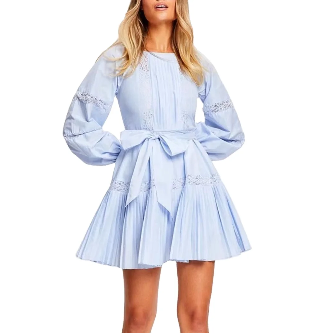 Fall Resort Wear 2021 Ropa De Verano Solid Round Collar Long Sleeve Lace women boutique dresses