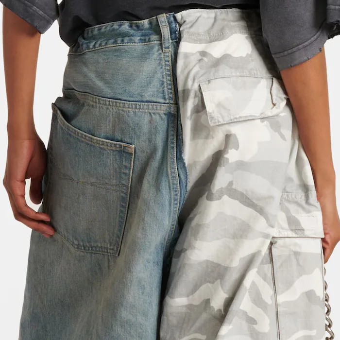 Custom Fashion Cotton ripstop and retro wash denim cargo pants drawstring waist color block camouflage wide leg pants for men