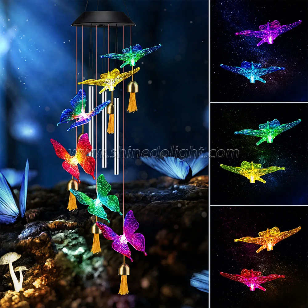 Ветряные колокольчики на солнечной батарее для украшения сада трубки из алюминиевого сплава ветряные с бабочкой и