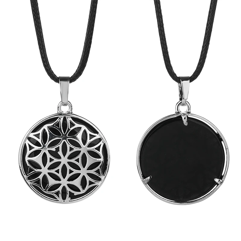 Wholesale Round Stone Openwork Alloy Flower Pendant Healing Crystals Pendants for Necklace Accessories