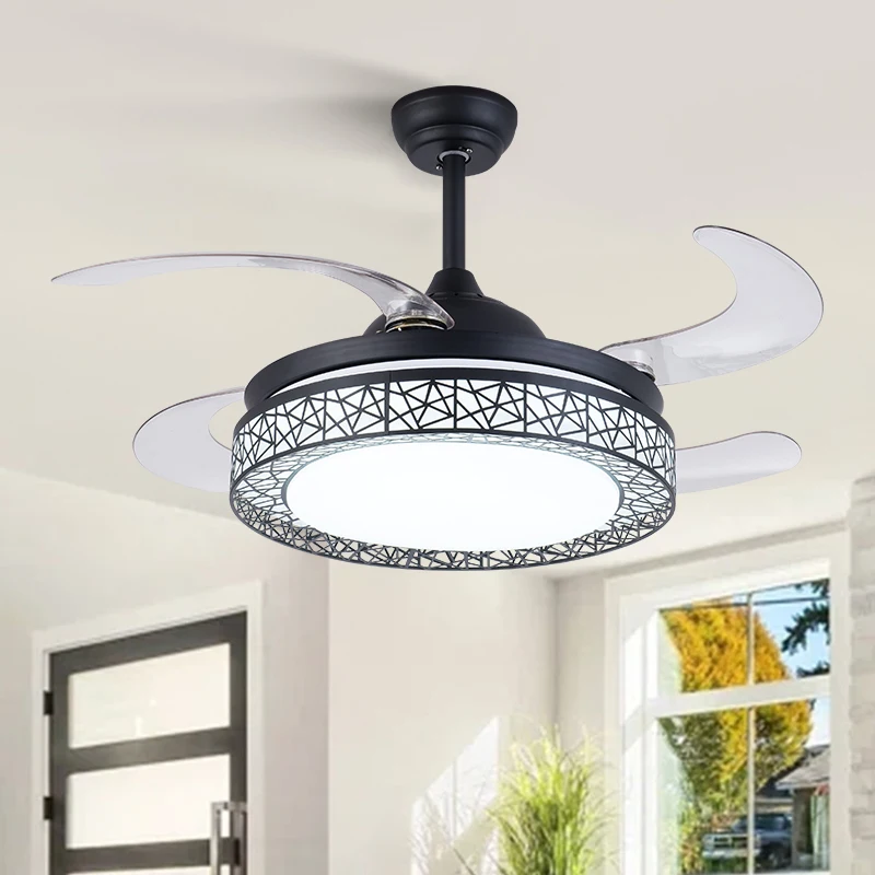 42' Chandelier 4 ABS Blades All Copper Moto Retractable Invisible Led Ceiling Fan With Light And Remote
