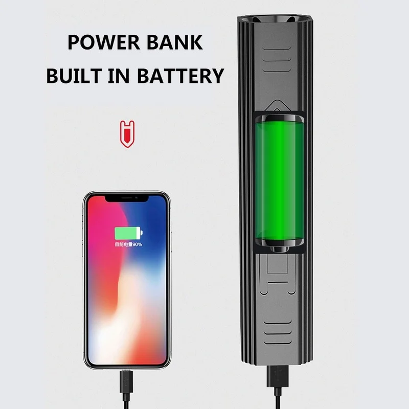 Original XM-L T6 Power Bank Led Flashlight Torch Waterproof Built In Battery Shock Resistant Self Defense Hard Bulb Light