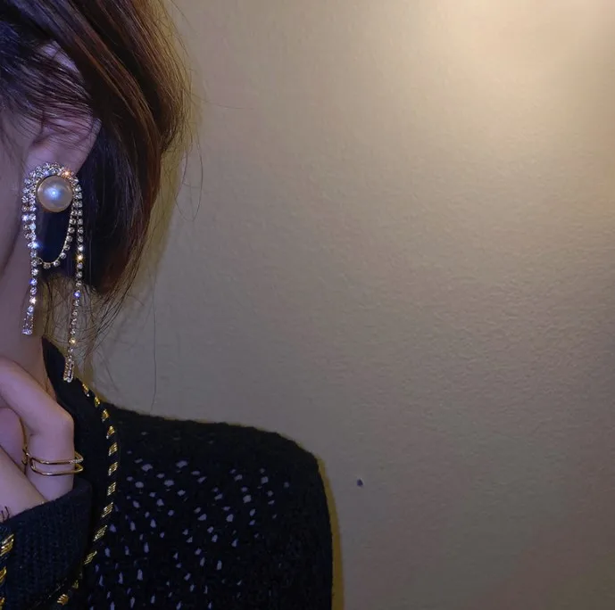 S925 silver needle inset diamond pearl tassel earrings pendant South Korea East Gate simple personality  fashion earrings