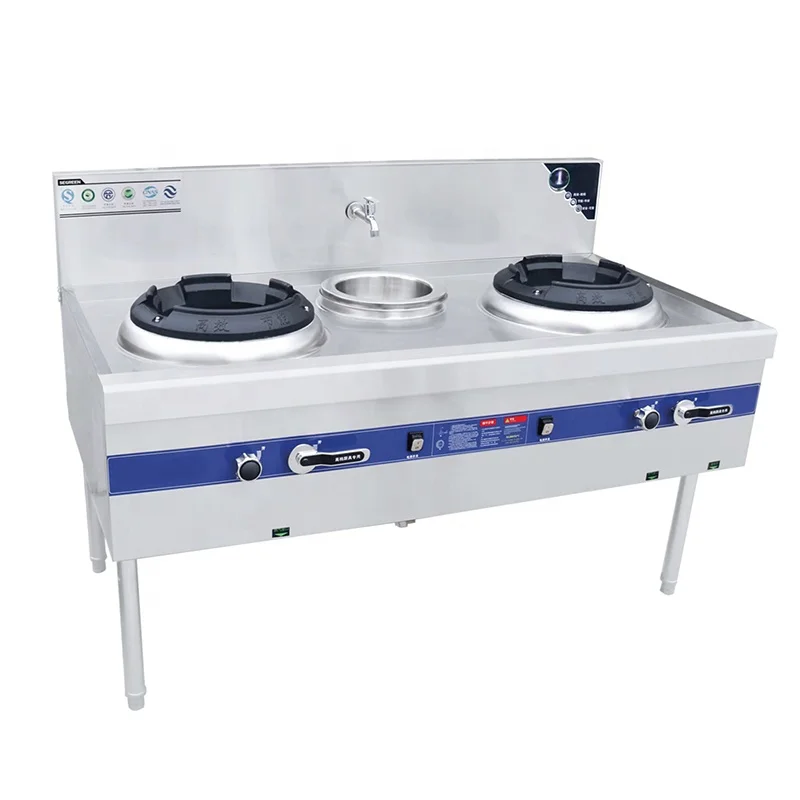 Stainless Steel Restaurant Equipment Kitchen Wok Gas Stove Double Burner With Blue Flame