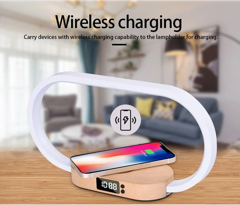 LED Wood Rechargeable Touch Dimmer Wireless Charging Night Clock Table Lamp For Home Decor Gift Party Holiday Wedding Christmas
