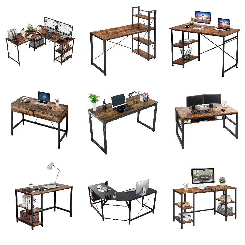 commercial modern l-shaped l shape home office corner computer table wood desk with shelv bookshelf hutch and printer