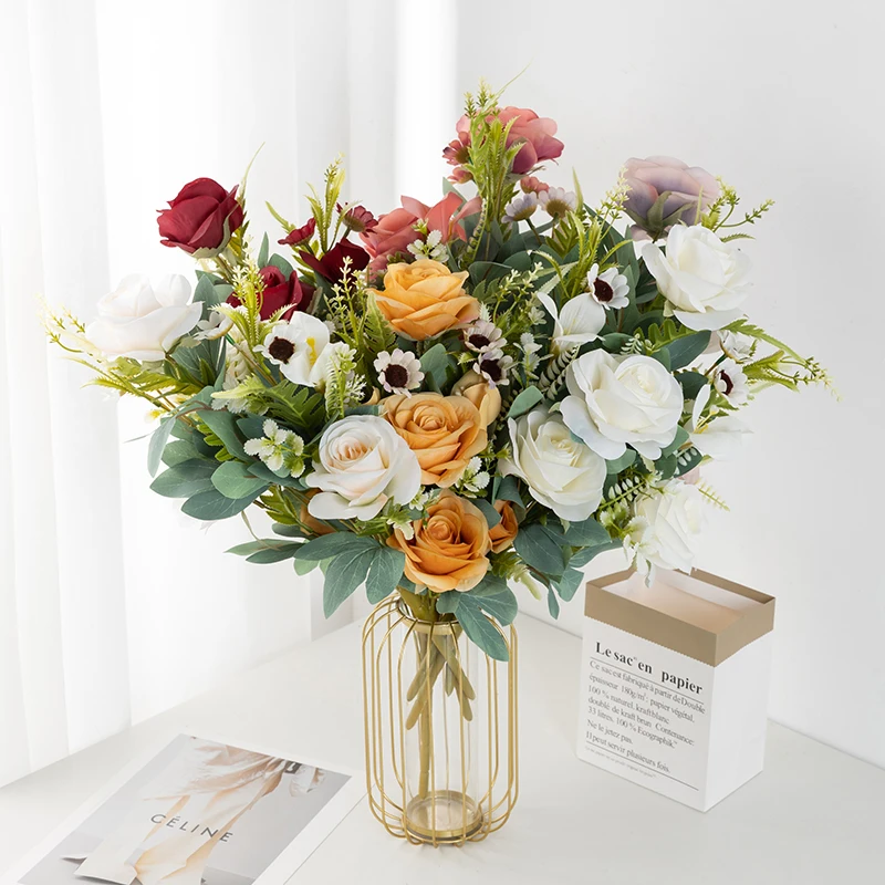 Hot Sale Artificial Rose Flowers Bouquet 11 Heads Fan Rose Bouquet For Wedding Decor