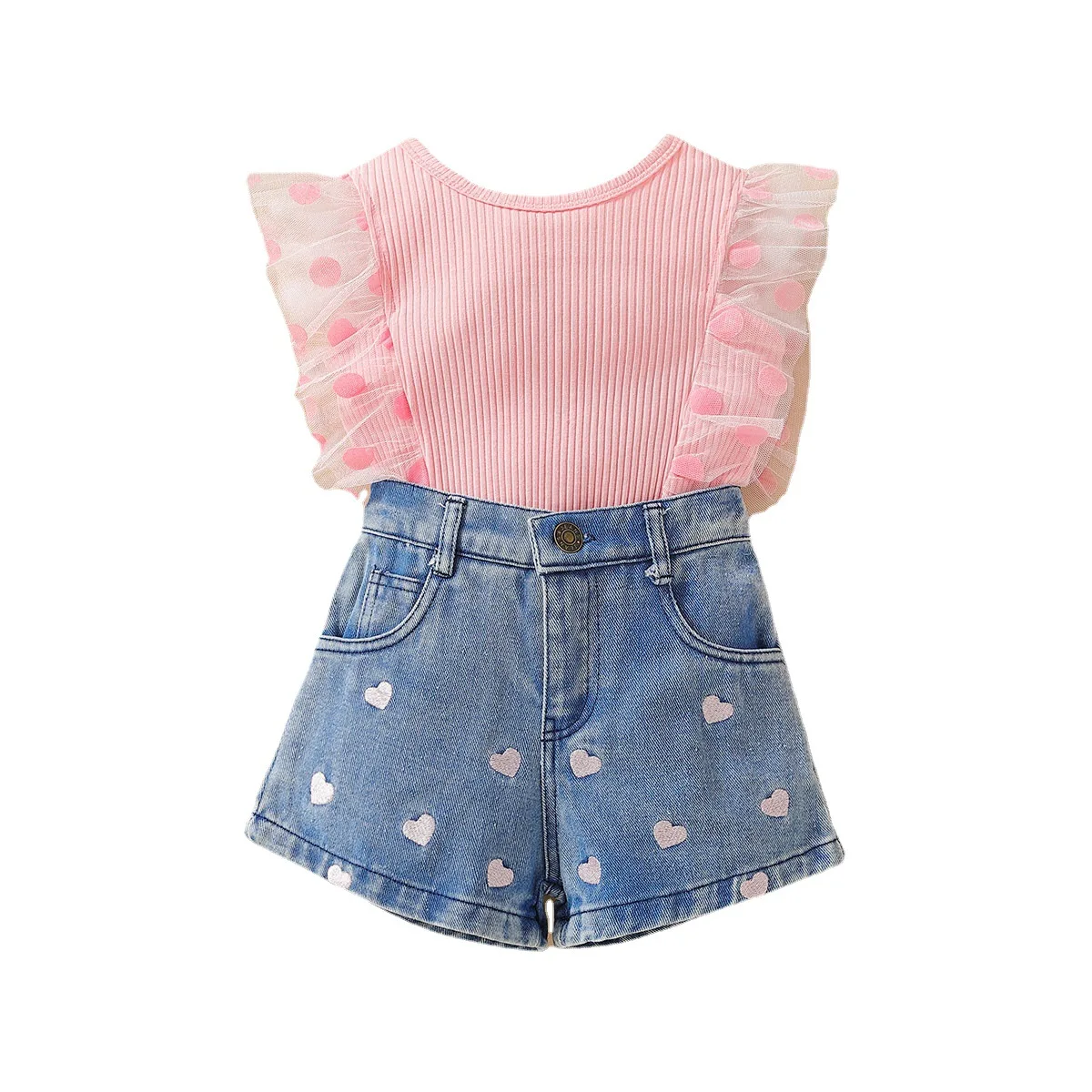 New Children 2pcs Outfit Girls Fly Sleeve T-shirt Denim Short Clothes Set Baby Sunflower Printed Clothes