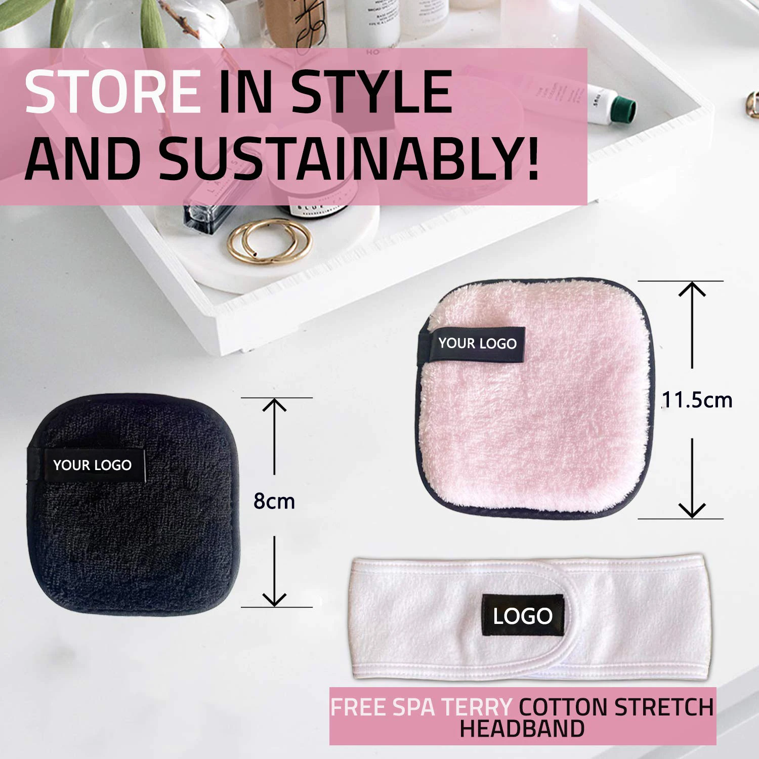 
Reusable Makeup Remover Pads | FREE Spa Terry Cotton Stretch Headband | Large Double-sided Square Shape Microfiber Clean Sponges 